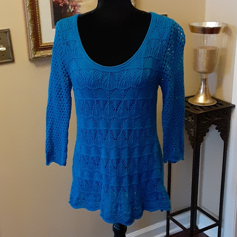 Christina turquoise pullover sweater tunic 3/4 sleeve round neckline Medijm EUC…